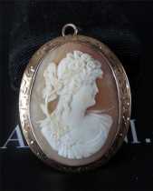 Museum Quality Carnelian Shell image of Flora - Roman goddess Unmarked but tested 10K or higher Yellow Gold Late Victorian Brooch/Pendant.