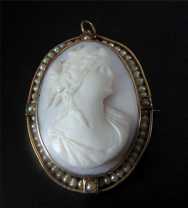 Beautiful Marked 10K Gold w/Pearls Angel Skin Coral Pendant Circa 1890 Ancient Roman Woman (Goddess?)