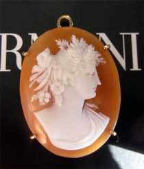 Museum Quality Carnelian Shell image of Bacchante Unmarked 14K (or higher) Yellow Gold Brooch/Pendant Circa 1910