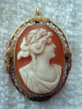 Classic marked 10K Gold Filigree Brooch & Pendant Carnelian shell cameo. Circa 1890