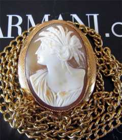 Carnelian Shell Beauty from 1890’s Marked 10K Red Gold Bezel with 23.5” 12K Gold or GF chain