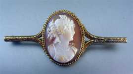 Fine unmarked/tested 14K (or more) Yellow Gold Carnelian Shell Cameo Brooch Circa 1880