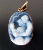 Nice Family image in Blue Agate Stone Marked on the loop 14K Little Yellow Gold bezel Cameo Pendant.