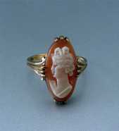 Ring Size 7, 10K Yellow Gold( (marked) Carved Carnelian Shell Image of Psyche - Greek Goddess of the Soul circa 1930