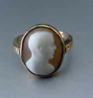 Ring Size 7.5 18K Yellow Gold( (unmarked). Image of Military. Carved Carnelian Shell. Victorian - circa 1850
