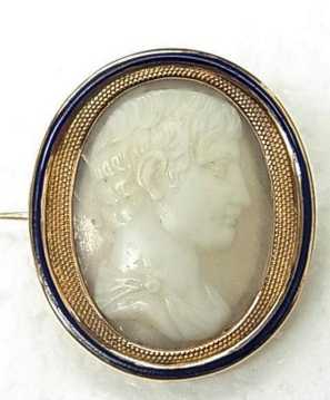 Antique Napoleon, 18K Gold, France, (circa 1810) Blue Enamel Roman Shell Cameo Pin UNIQUE!