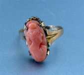 Ring Size 5.5 10K Yellow Gold( (marked) Carved Coral Stone circa 1910