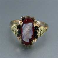 Ring Size 7.5, 10K Red & Green Gold( (marked) Art Nouveau Style Carved Red Onyx stone