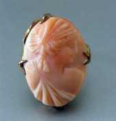 Ring Size 6.5 Filigree 10K Yellow Gold( (unmarked) Carved Pale Red Coral Art Nouveau style circa 1910