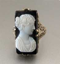 Ring Size 5.5 Black Agate Cameo Ring circa 1925 Solid 14K White Gold Filigree setting
