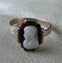 Ring Size 7.5, 10K Red Gold or higher (unmarked but tested) Carved Red Agate stone woman image from the 1870’s