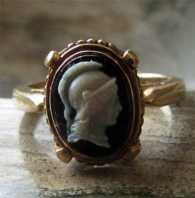 Ring Size 5 Black Agate Cameo Ring Roman Goddess Minerva Marked Solid 14K Yellow/White Gold setting. Circa 1885