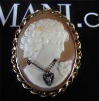 Carnelian Shell Cameo marked 10K Yellow Gold Brooch with Diamond