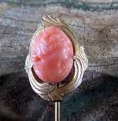 Art Nouveau 14K Yellow Gold (unmarked) Pin Nicely Carved Red Coral Stone circa 1905