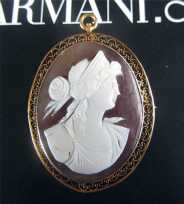 Circa 1875 Superior Quality high relief Dark Sardonyx Shell Filigree Brooch/Pendant marked 10K Gold.