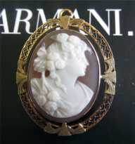 Circa 1895 Quality Carnelian Shell Roman Bacchante image Brooch/Pendant marked 10K Gold. Signed
