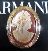 Superior Quality Carnelian High relief Shell Cameo Victorian Brooch marked 10K Gold.