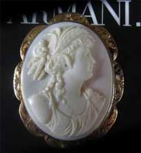 High Quality Coral Image of Roman Goddess Ceres marked 10K Yellow Gold Big Bezel Cameo Brooch. Circa 1910
