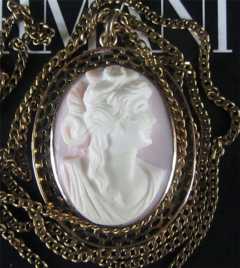 High Relief Coral Cameo Circa 1910 at least 10K (tested) Gold Pendant Bezel & 23” Gold color Chain