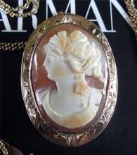 3 colors Carnelian Art Deco Cameo Circa 1915 10K (marked) Gold Pendant/Brooch Bezel & 17” (marked) GF Chain. Signed
