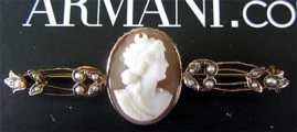 Outstanding 10K marked Yellow Gold with 6 pearls Light sardonyx Shell Cameo Brooch Circa 1890