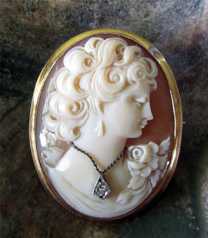 Superior Quality Carved Carnelian Shell with Diamond. 10K Rose Gold Brooch/Pendant Cameo circa 1935.