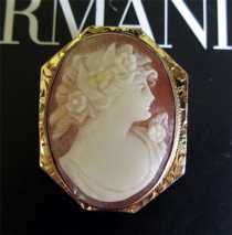 Octagonal 10K Gold Brooch Cameo circa 1935. Superior Quality Carved Carnelian Shell.