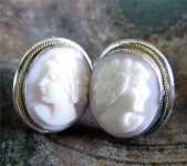 14K White Gold( (marked) Earrings & Pendant circa 1925 Hand carved Coral Classic Profile Girl
