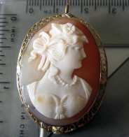 Marked 10K Yellow Gold Brooch/Pendant. Circa 1920 Beauty nicely carved from light Carnelian Shell