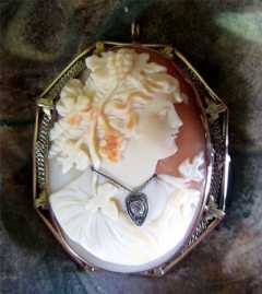 Museum Quality Art Deco 14K (marked) Red Gold Pin/Pendant Carved Carnelian Shell with Diamond, circa 1925