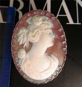 Art Deco Hand Carved Carnelian Shell of Bacchantes image Marked on clasp 10K White Gold Filigree Brooch