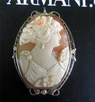 Museum Quality Art Deco Carnelian Shell image of Girl from 1930th Marked on clasp 14K White Gold Filigree Brooch/Pendant. Signed