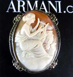 Museum Quality carved Carnelian Shell Woman Plying Lira, circa 1935 14K (unmarked) White Gold Pin/Pendant