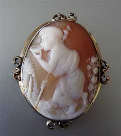 Museum Quality Carnelian Shell Image of Drinking Boy Pilgrim, Circa 1860 15K (unmarked but tested) Yellow Gold Pin/Pendant
