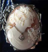 Superior Quality Shell Carved White Gold solid 14K (marked) Cameo Brooch/Pendant with Diamond & chain, circa 1935