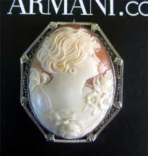 Museum Quality Woman & Roses Carnelian Shell High Relief carving Marked (14K) White Gold Big Brooch/Pendant circa 1930