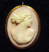 Marked on clasp 10K Gold Brooch/Pendant. Circa 1890 Roman Classic woman portrait Hand carved Coral