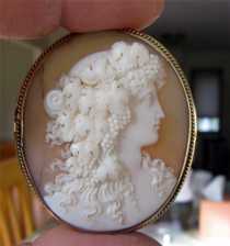 Museum Quality Art Nouveau Carnelian Shell Bacchante image. Authentic 14K Yellow Gold Brooch. Circa 1890