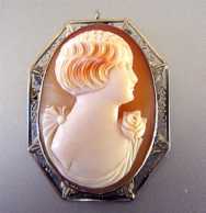 Superior Quality Art Deco Carnelian Shell image of Girl with rose. Marked on clasp 14K White Gold from 1920th Filigree Pendant.