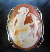 Cupped undressing woman (Venus?)Art Deco Hand Carved Shell Marked on clasp 14K White Gold Filigree Brooch/Pendant