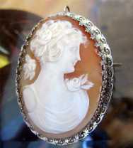 Big Museum Quality Art Deco Carnelian Shell image of Girl with roses. Marked on clasp 14K White Gold from 1920th Filigree Pin/ Pendant.