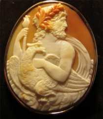 Big Museum Quality 3 colors carnelian shell carving Zeus with Eagle Wolf hallmark (10K) Yellow Gold Brooch circa 1875