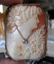 Large Art Deco Superior Quality carved Carnelian Shell with Diamond. Marked White Gold from 1920th Filigree Pin/Pendant. Signed