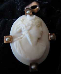White Coral Carved Pendant 10k with 4 Pearls. Greeks Goddess of Hunting Diana