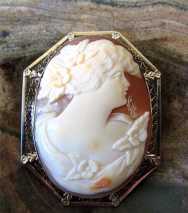 High Quality Art Deco Carnelian Shell image of Flower Girl from 1920th Marked on clasp 14K White Gold Filigree Brooch/Pendant