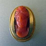 Antique 10K Yellow Gold hand carved Red Coral cameo Upper part of authentic Victorian Ring from 1880-1890