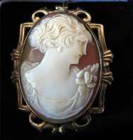 Amazing Quality Carnelian Shell image of Girl with flowers on her shoulder. Marked on clasp 10K Yellow Gold from 1930th Filigree Pin/ Pendant.