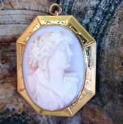 Angel Skin Coral in marked 10K Yellow Gold octagonal Brooch & Pendant Circa 1895 Roman woman.
