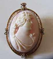 Estate marked 10K Yellow Gold Hand Carved Coral Bacchante Image Circa 1895 filigree bezel brooch/pendant