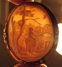 Antique (circa 1870) Victorian Gold Rebecca At The Well Trees Houses Carved Shell Cameo Pin
